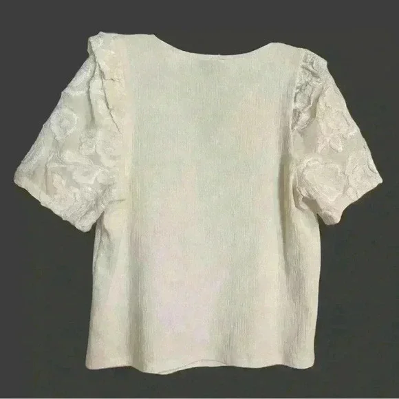Anthropologie RARE Jacquie Lace Sleeved Top SM by Current Air Ivory Split V Neck - Picture 4 of 10
